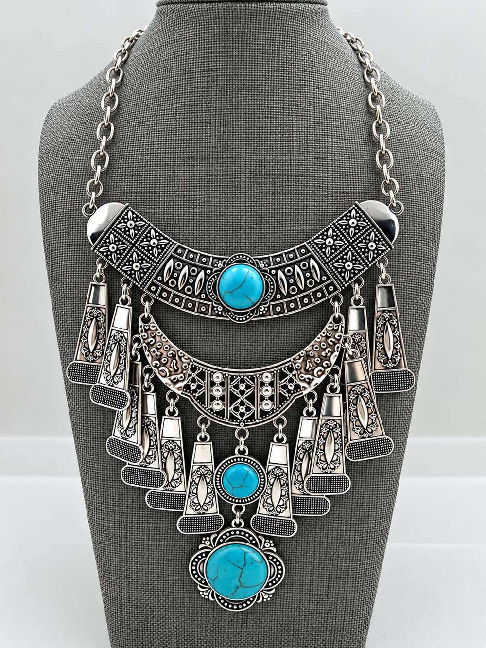 Bold Turquoise & Antique-Silver-Tone Statement Bib Necklace